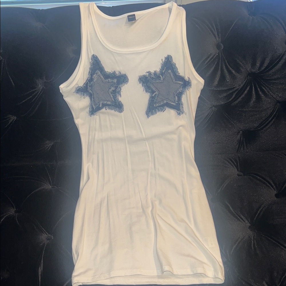 Chic White Tank Top with Blue Star Details